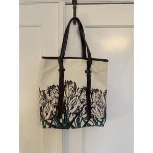 Miss Albright Of Philadelphia Anthropologie Tulip Canvas Leather Handle Tote Bag